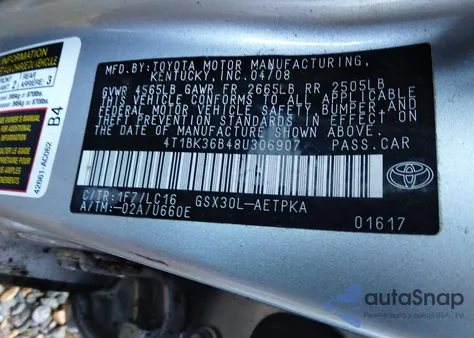 2008 Toyota Avalon Limited from USA, damaged, VIN 4T1BK36B48U306907